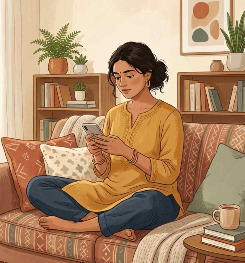 JeevanKey woman looking at phone Warm editorial illustration, young Indian woman in her late 20s sitting cross-legged on a bed or sofa, looking thoughtfully at her phone, calm natural home setting, soft morning light, muted warm tones, no medical equipment, no white coats, no clinical set