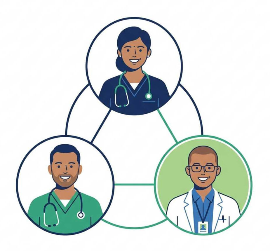 JeevanKey-Three-Indian-health-professionals Simple flat illustration, three diverse Indian health professionals shown as small circular portrait icons — one female, two mixed — arranged in a connected cluster, warm professional expressions, connected by thin lines, brand navy and green colour palett